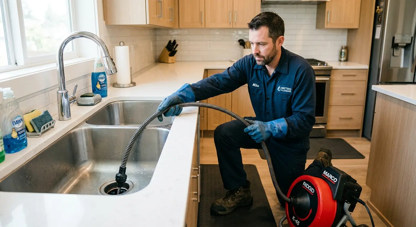 Drain cleaning technician using a motorized snake on a kitchen sink in Grass Valley
