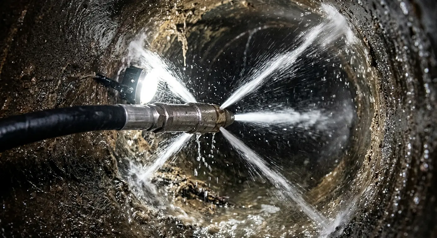 High-pressure hydro jetting nozzle cleaning sewer pipe for Sewer Cleanout in Grass Valley