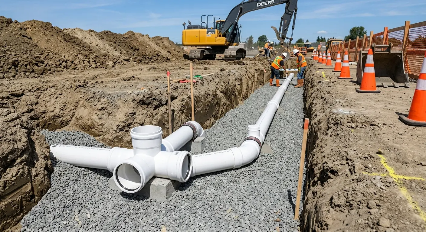 New PVC sewer pipe installation in open trench for Grease Trap Cleaning in Grass Valley