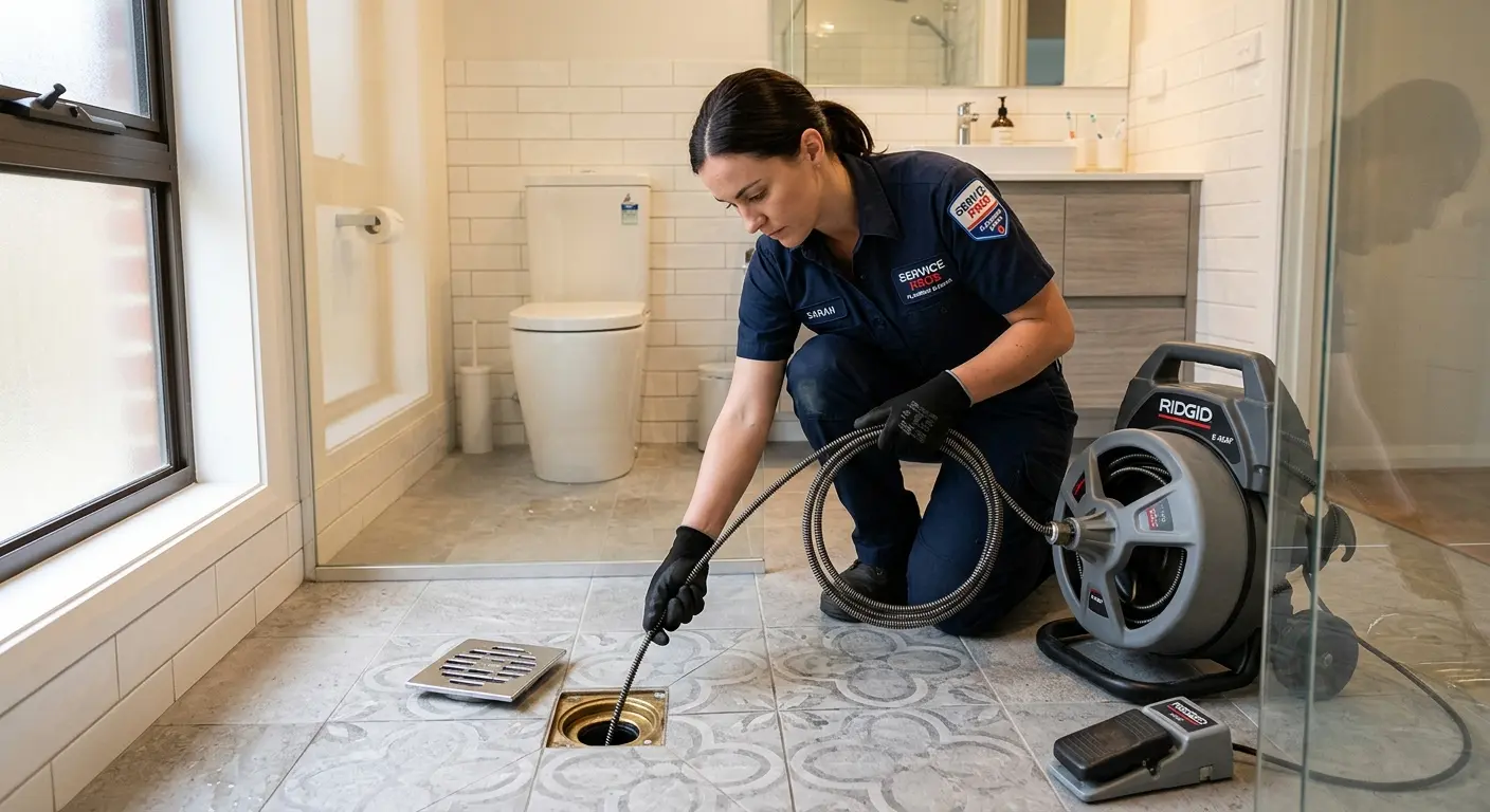 Technician clearing a bathroom floor drain for Hydro Jetting in Grass Valley